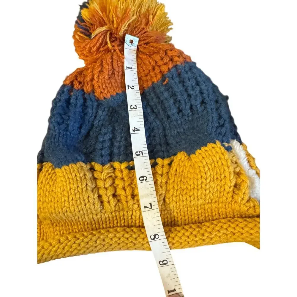 Multicolor Knit Beanie with Ear Flaps & Pom Poms – Blue Yellow Orange